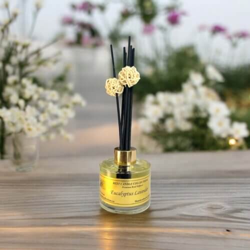 Eucalyptus Lavender Reed Diffuser with reeds inserted with floral background