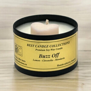 Buzz Off Soy Candle in a 4oz Black Candle Tin