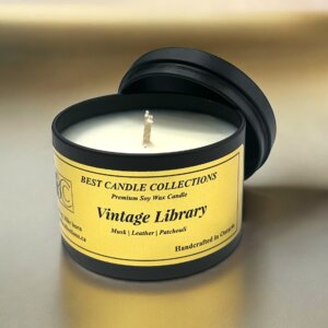 Vintage Library Soy Candle in a 4oz Black Candle Tin
